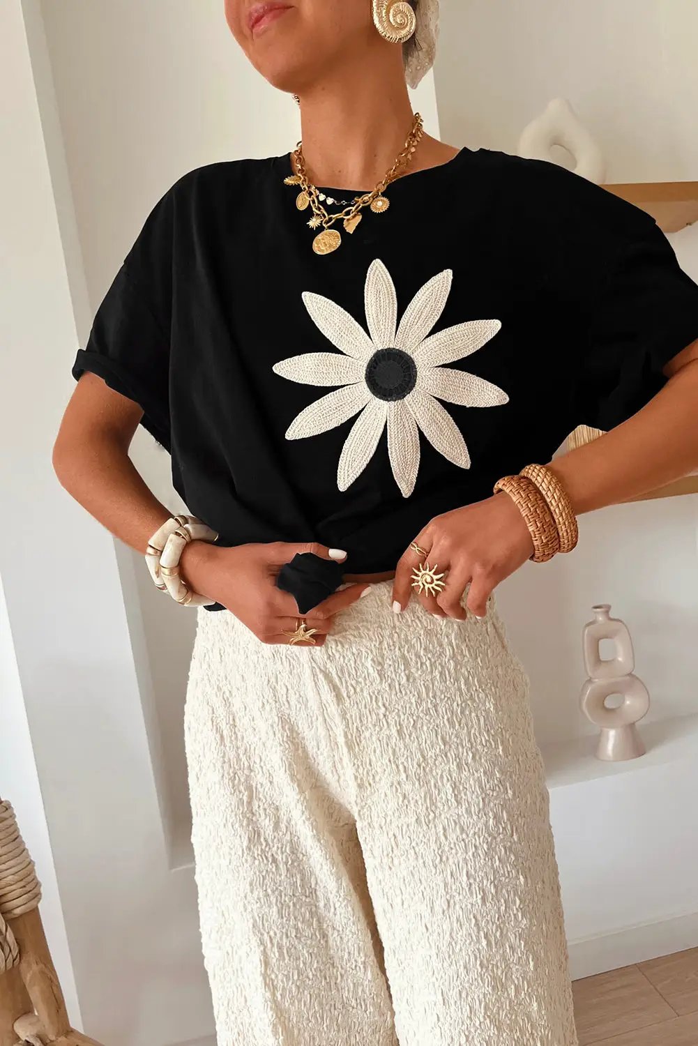 Grateful Threads Boutique Black Contrast Crochet Floral Graphic Drop Shoulder Loose Tee - T-Shirts Black Contrast Crochet Floral Graphic Drop Shoulder Loose Tee