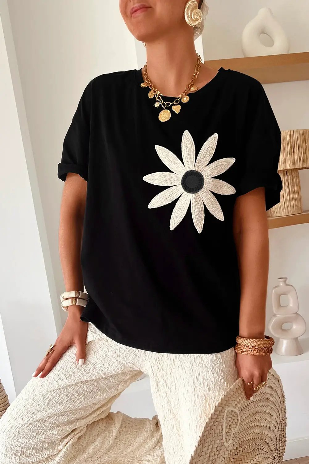 Grateful Threads Boutique Black Contrast Crochet Floral Graphic Drop Shoulder Loose Tee - T-Shirts Black Contrast Crochet Floral Graphic Drop Shoulder Loose Tee