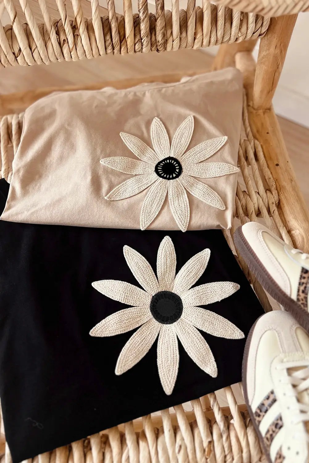 Grateful Threads Boutique Black Contrast Crochet Floral Graphic Drop Shoulder Loose Tee - T-Shirts Black Contrast Crochet Floral Graphic Drop Shoulder Loose Tee