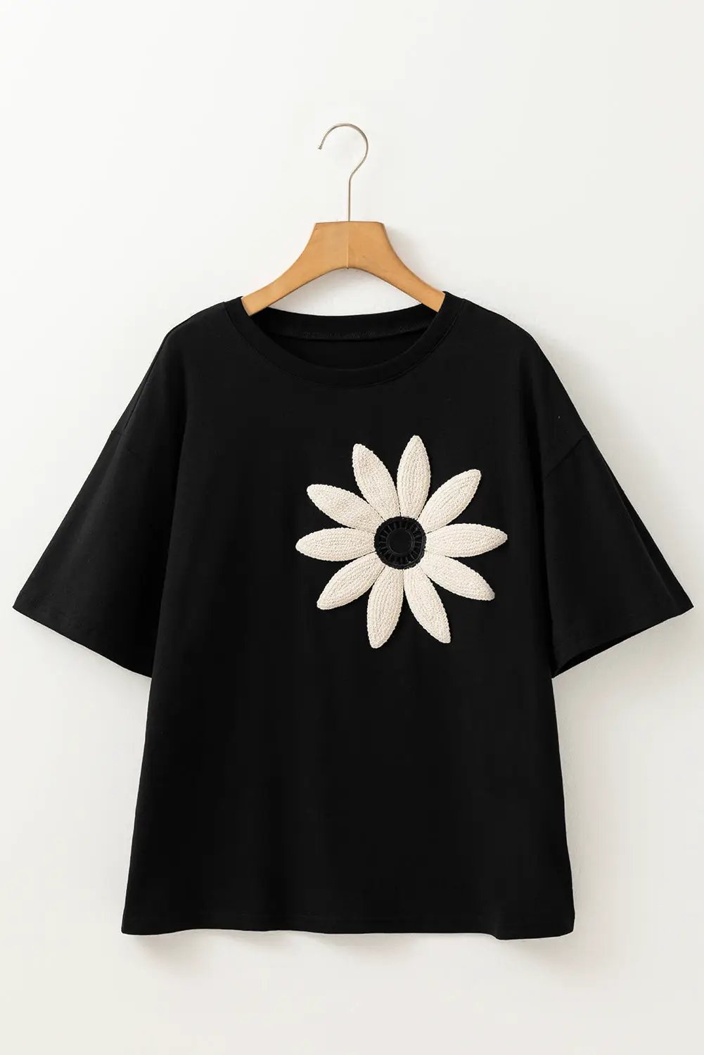 Grateful Threads Boutique Black Contrast Crochet Floral Graphic Drop Shoulder Loose Tee - T-Shirts Black Contrast Crochet Floral Graphic Drop Shoulder Loose Tee
