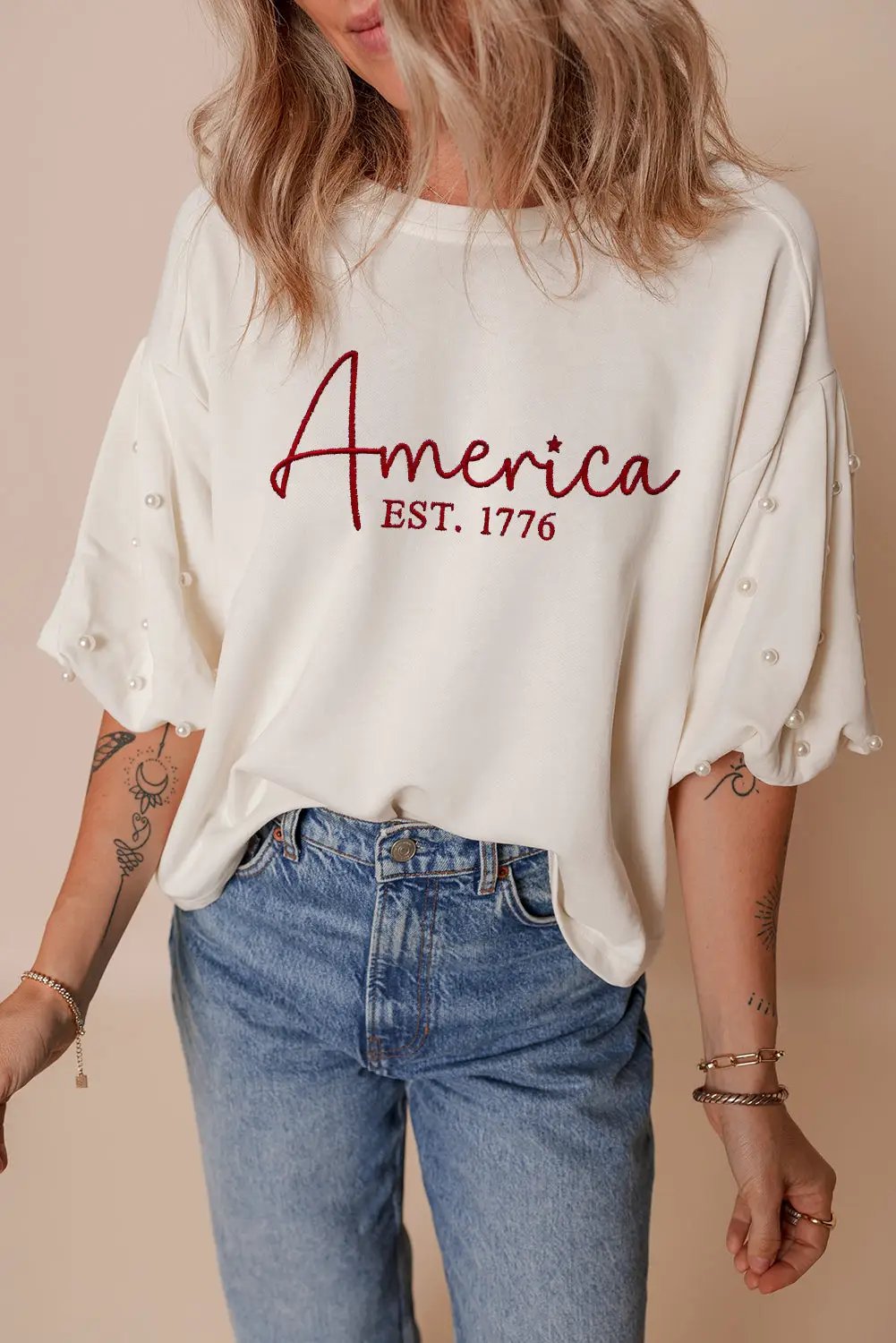 Grateful Threads Boutique America Embroidered Pearl Beaded Puff Sleeve Blouse - Blouses embroidered america pearl puff sleeve blouse