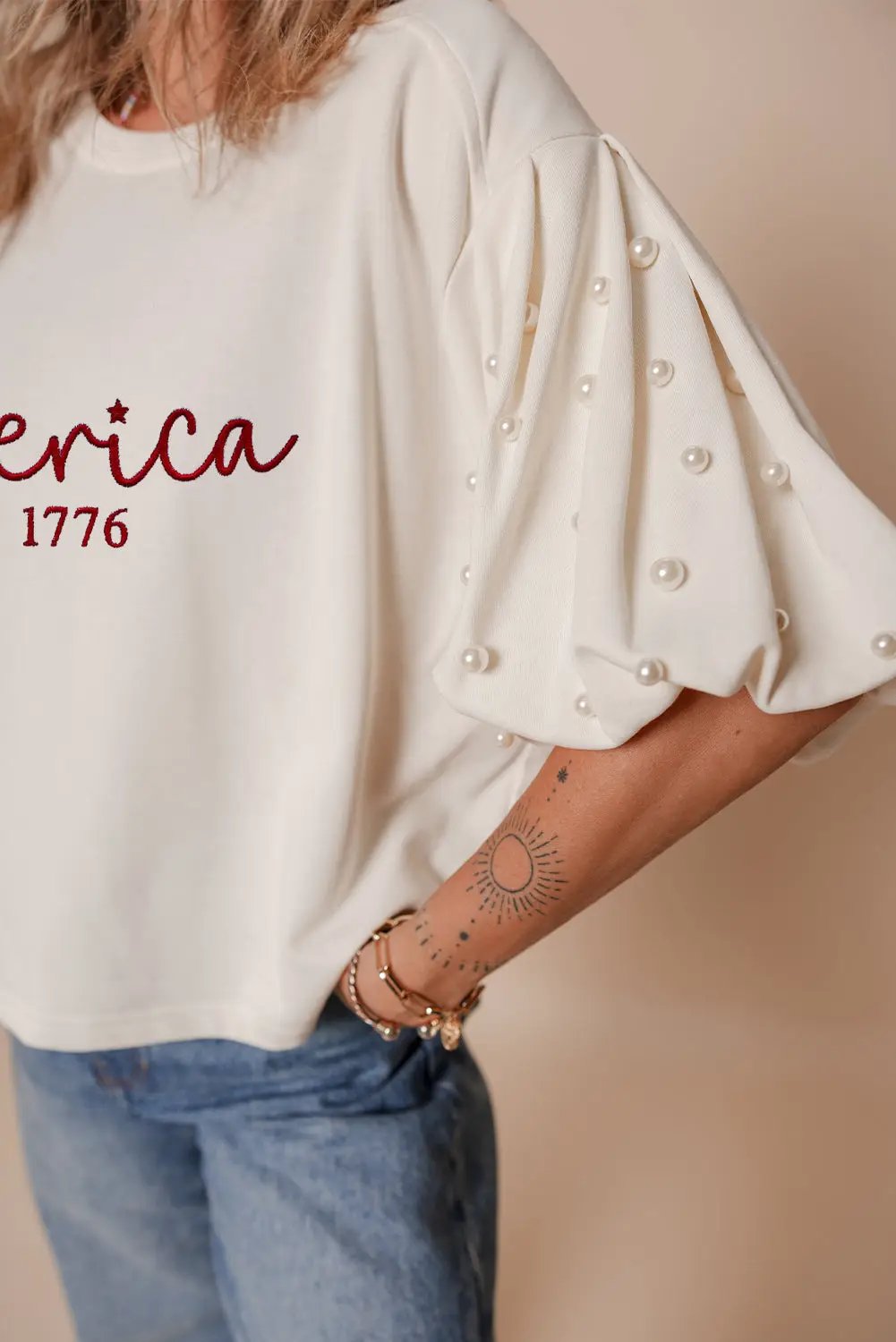 Grateful Threads Boutique America Embroidered Pearl Beaded Puff Sleeve Blouse - Blouses embroidered america pearl puff sleeve blouse