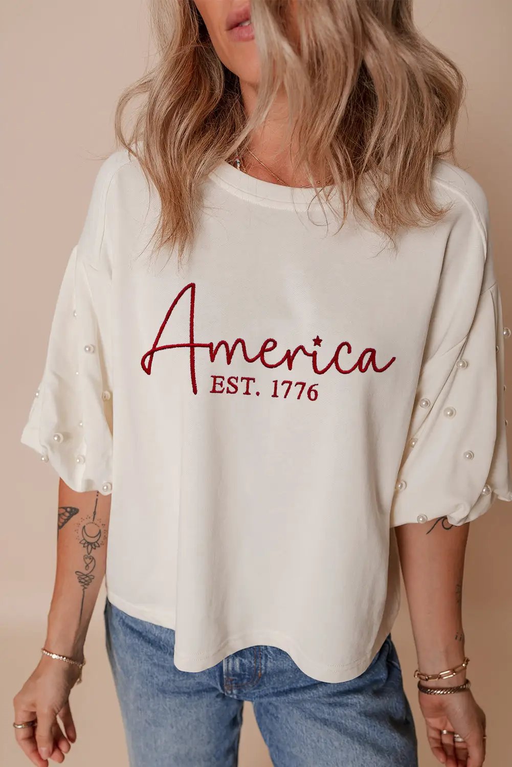 Grateful Threads Boutique America Embroidered Pearl Beaded Puff Sleeve Blouse - Blouses embroidered america pearl puff sleeve blouse