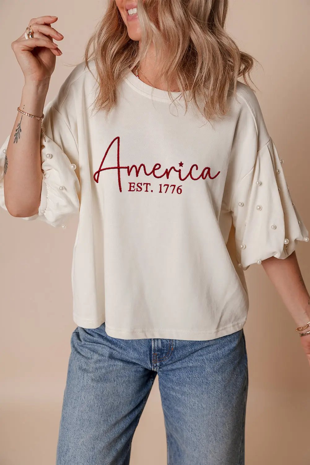 Grateful Threads Boutique America Embroidered Pearl Beaded Puff Sleeve Blouse - Blouses embroidered america pearl puff sleeve blouse