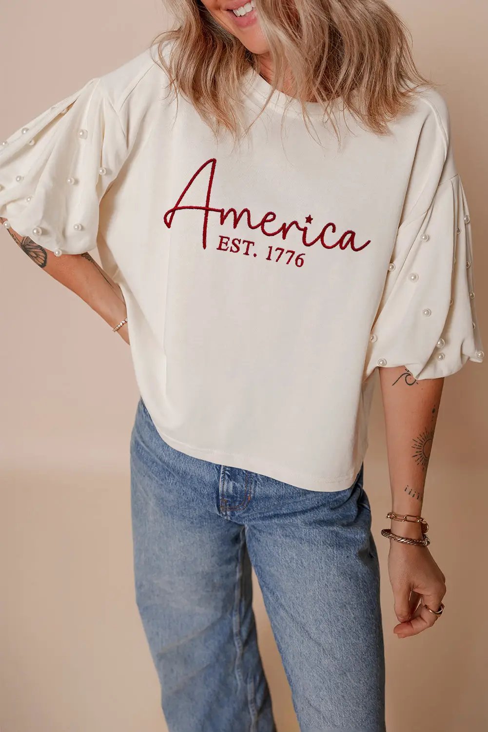 Grateful Threads Boutique America Embroidered Pearl Beaded Puff Sleeve Blouse - Blouses embroidered america pearl puff sleeve blouse
