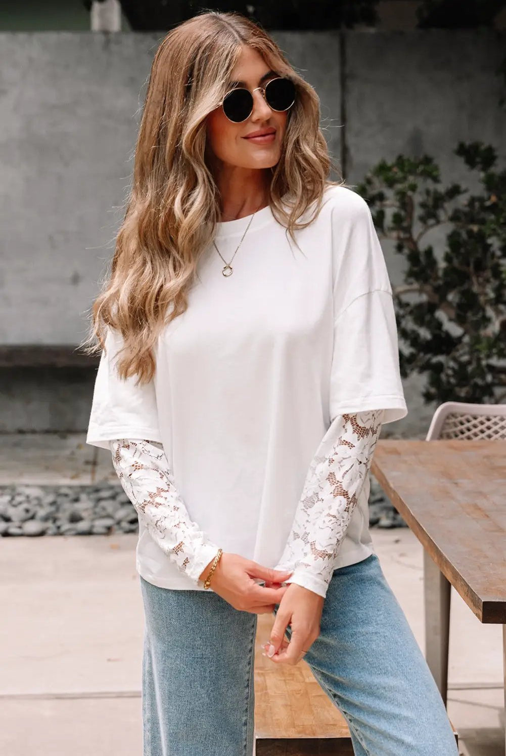 Grateful Threads Boutique White Lace Long Sleeve Insert Drop Shoulder Tee - T-Shirts lace sleeve white tee