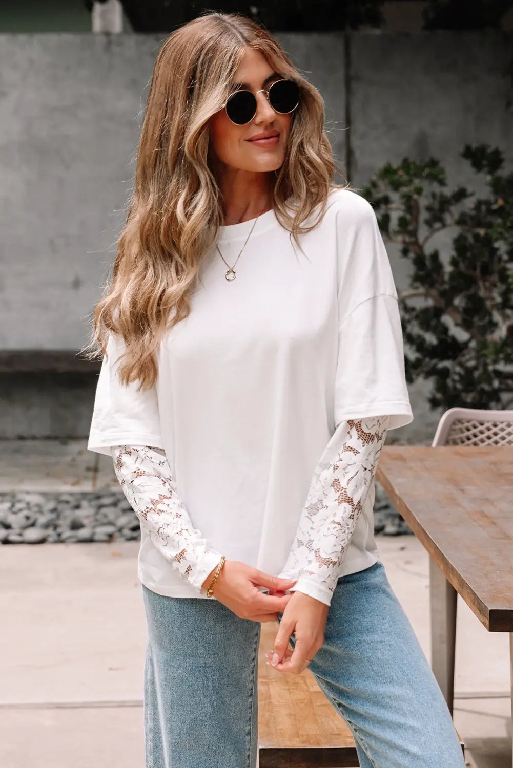 Grateful Threads Boutique White Lace Long Sleeve Insert Drop Shoulder Tee - T-Shirts lace sleeve white tee