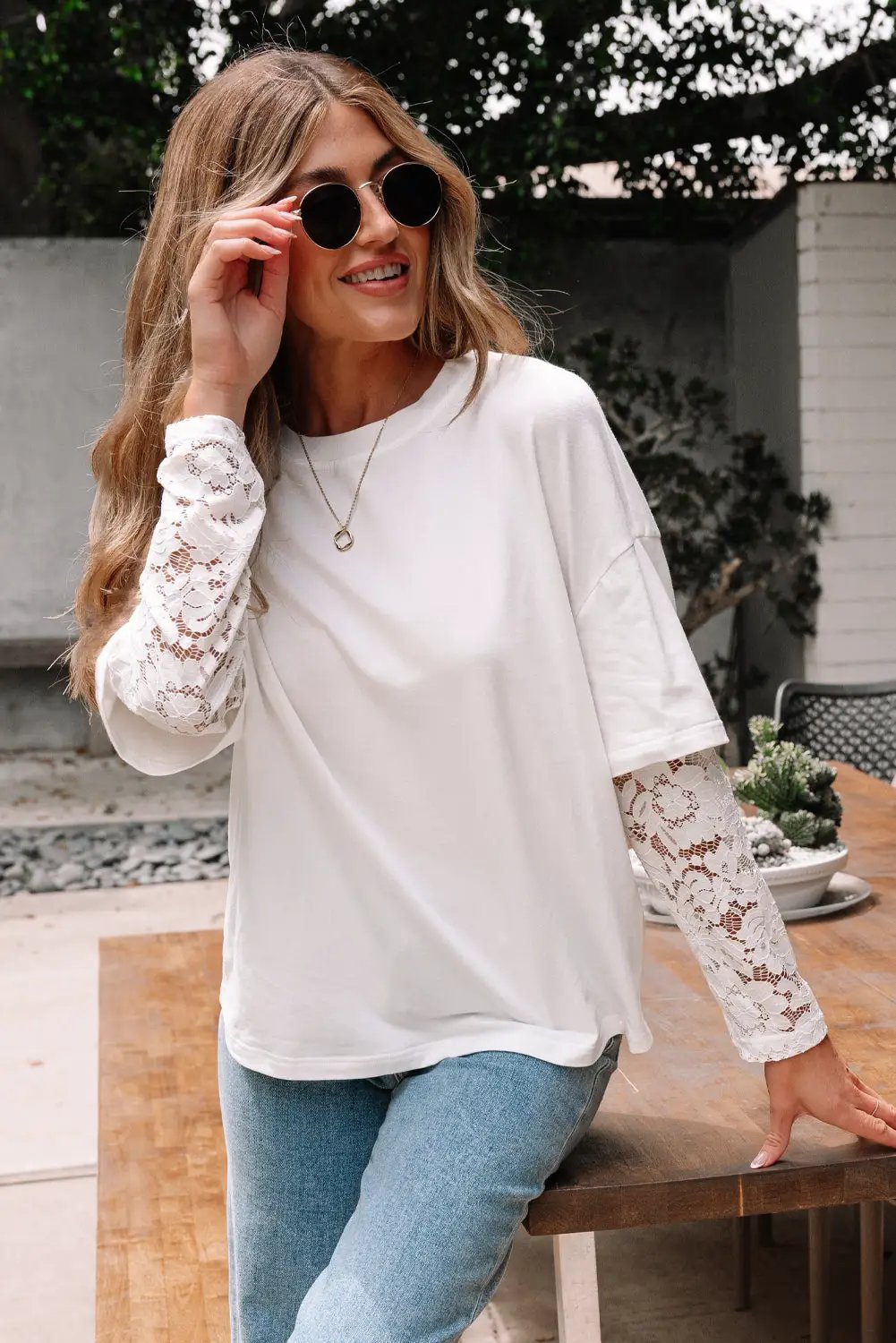 Grateful Threads Boutique White Lace Long Sleeve Insert Drop Shoulder Tee - T-Shirts lace sleeve white tee