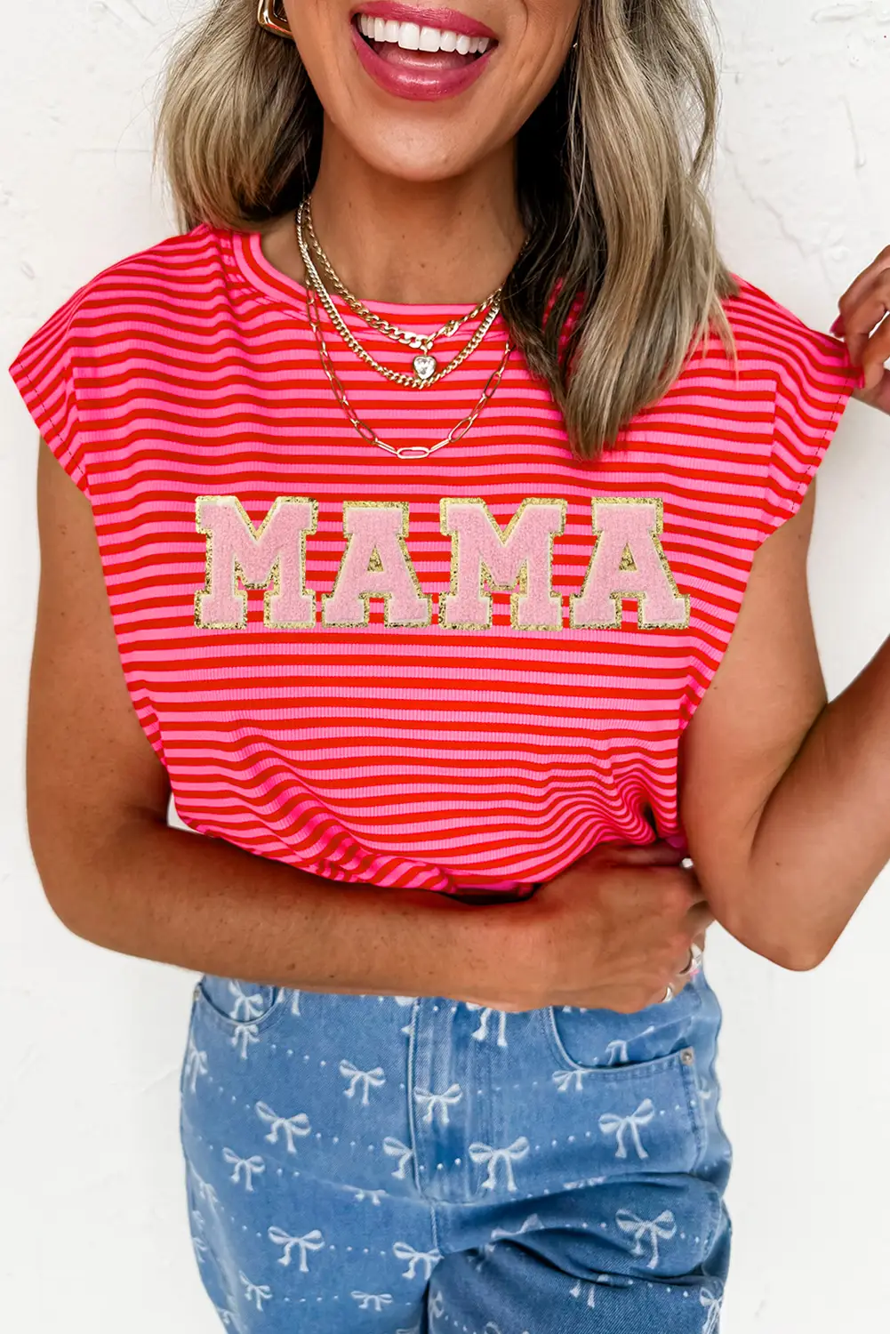 Grateful Threads Boutique Red Stripe MAMA Graphic Cap Sleeve T Shirt - T-Shirts Red Stripe MAMA Graphic Cap Sleeve T Shirt