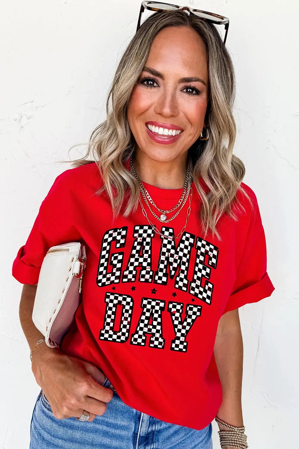 Grateful Threads Boutique Red Checkered Game Day Graphic Tee - T-Shirts Red Checkered Game Day Graphic Tee