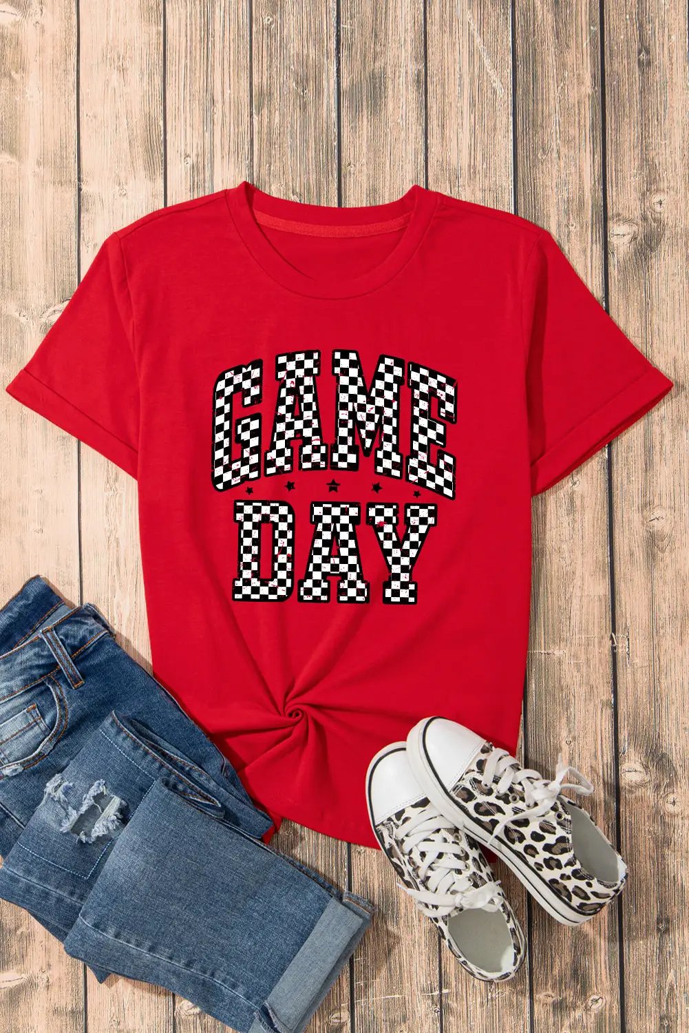 Grateful Threads Boutique Red Checkered Game Day Graphic Tee - T-Shirts Red Checkered Game Day Graphic Tee