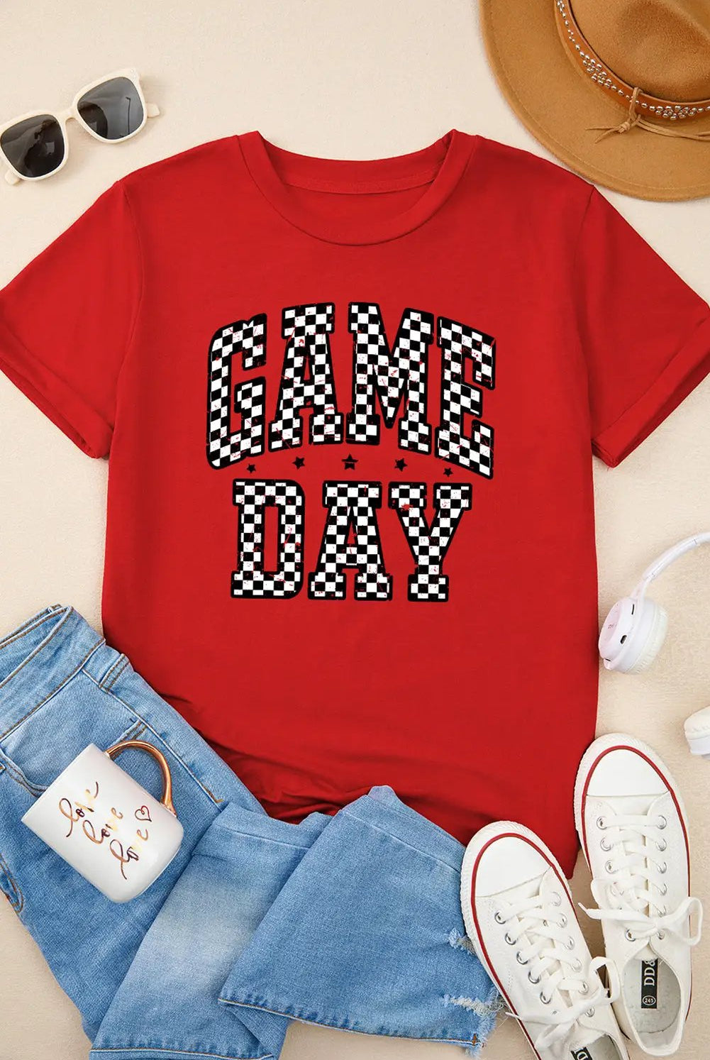 Grateful Threads Boutique Red Checkered Game Day Graphic Tee - T-Shirts Red Checkered Game Day Graphic Tee