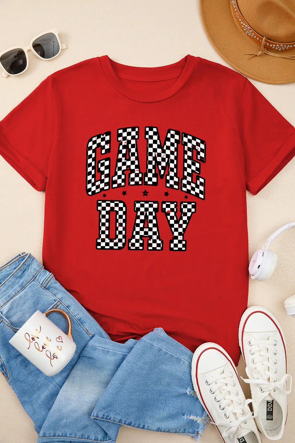 Grateful Threads Boutique Red Checkered Game Day Graphic Tee - T-Shirts Red Checkered Game Day Graphic Tee