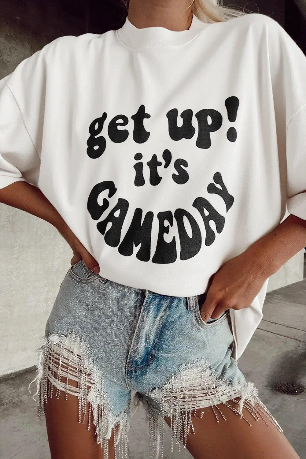 Grateful Threads Boutique White Get Up & Game Day Tee - T-Shirts Beige GAME DAY Slogan Printed Oversize T Shirt