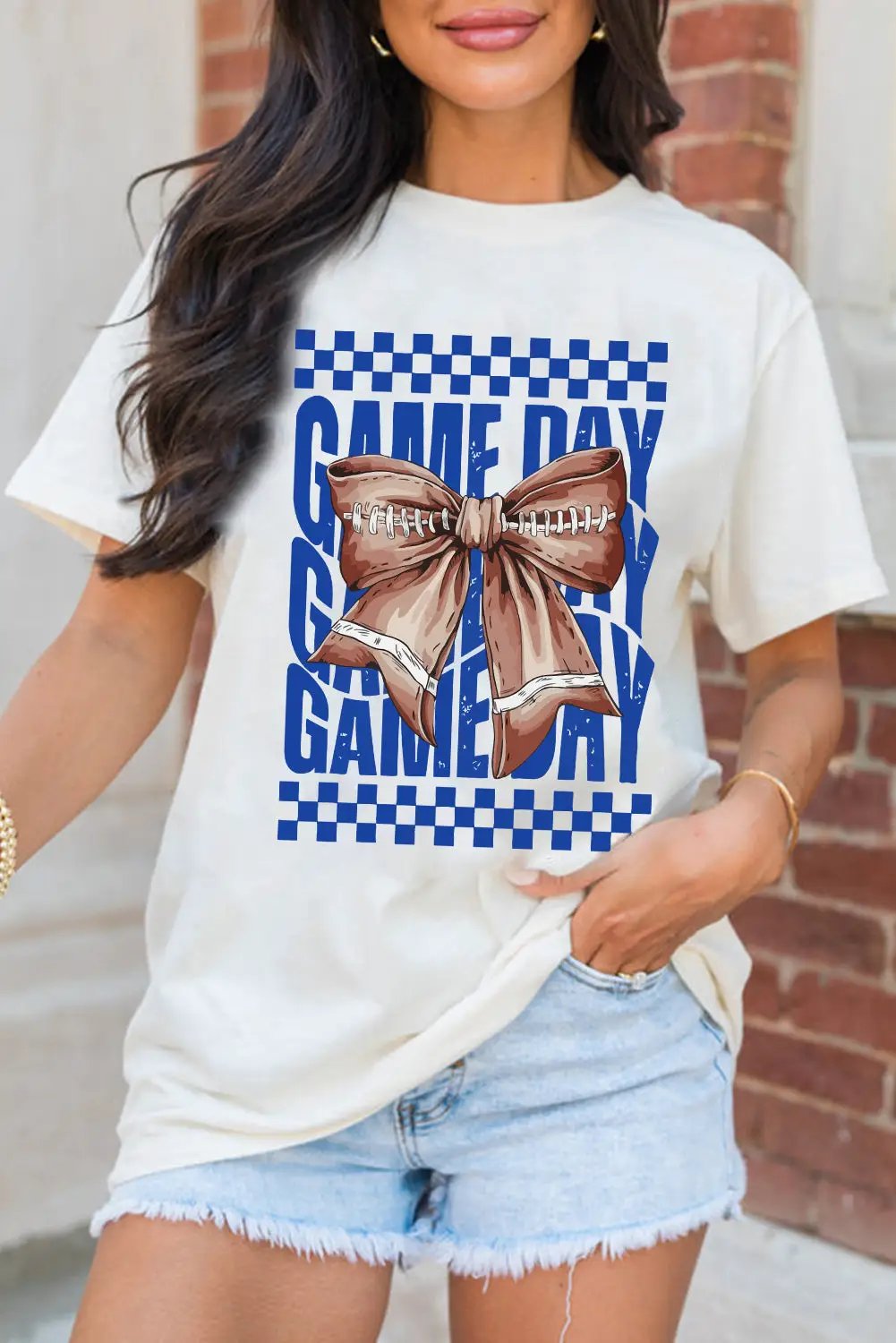 Grateful Threads Boutique White Football Bowknot Game Day Graphic Tee - T-Shirts White Rugby Bowknot Game Day Graphic Tee