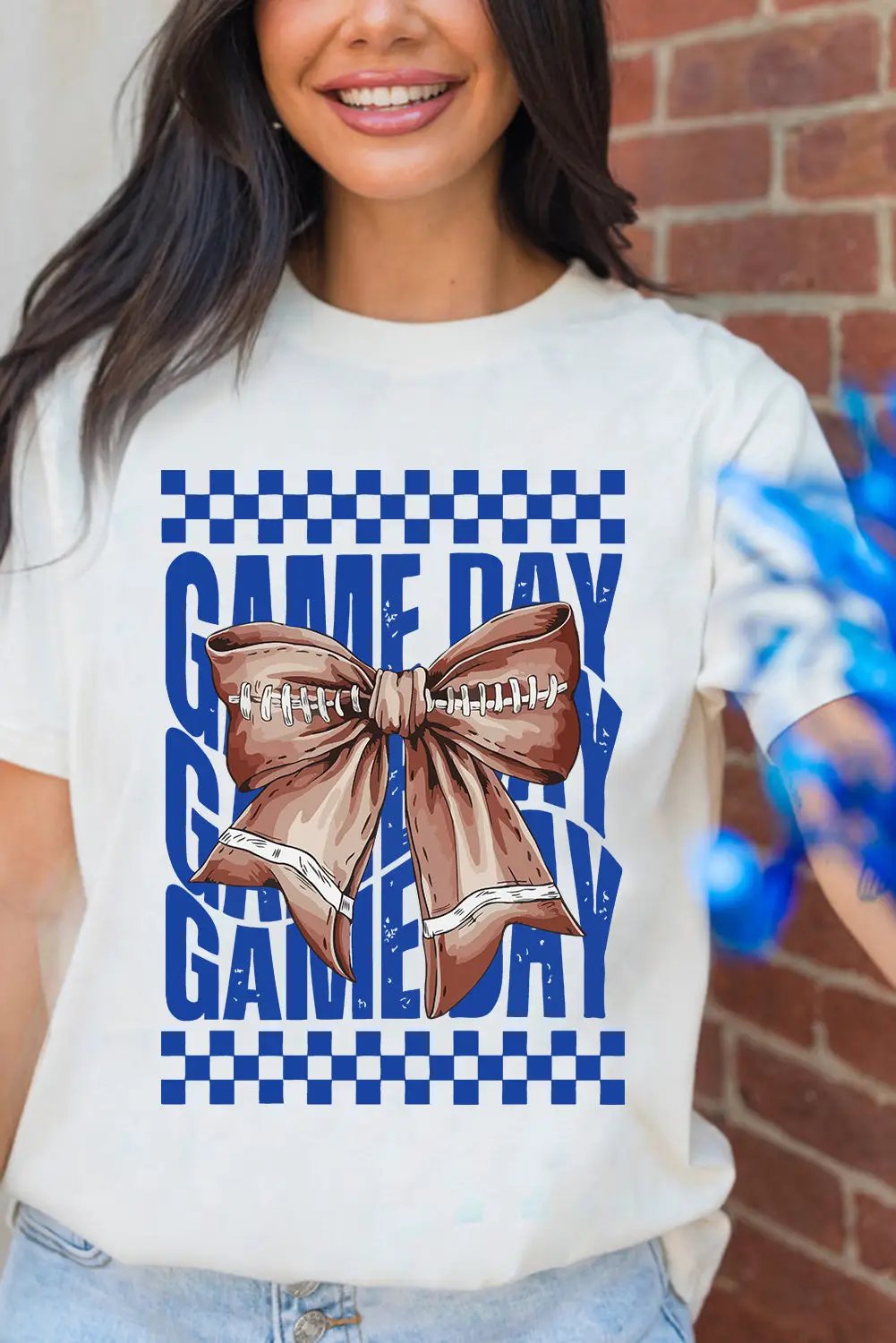 Grateful Threads Boutique White Football Bowknot Game Day Graphic Tee - T-Shirts White Rugby Bowknot Game Day Graphic Tee