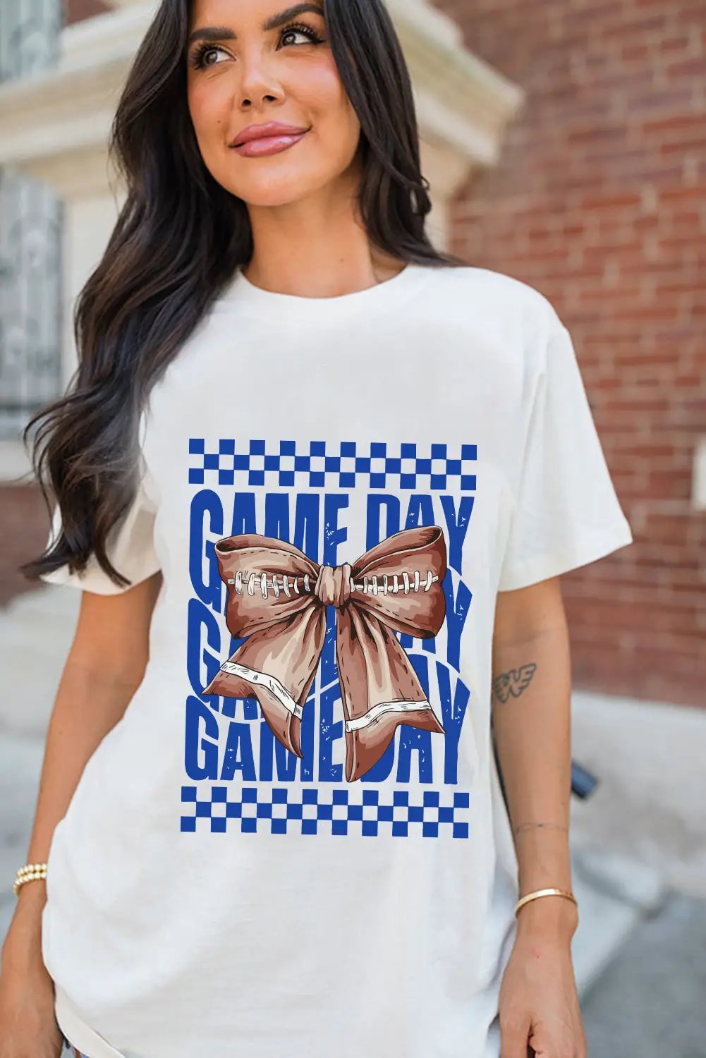 Grateful Threads Boutique White Football Bowknot Game Day Graphic Tee - T-Shirts White Rugby Bowknot Game Day Graphic Tee