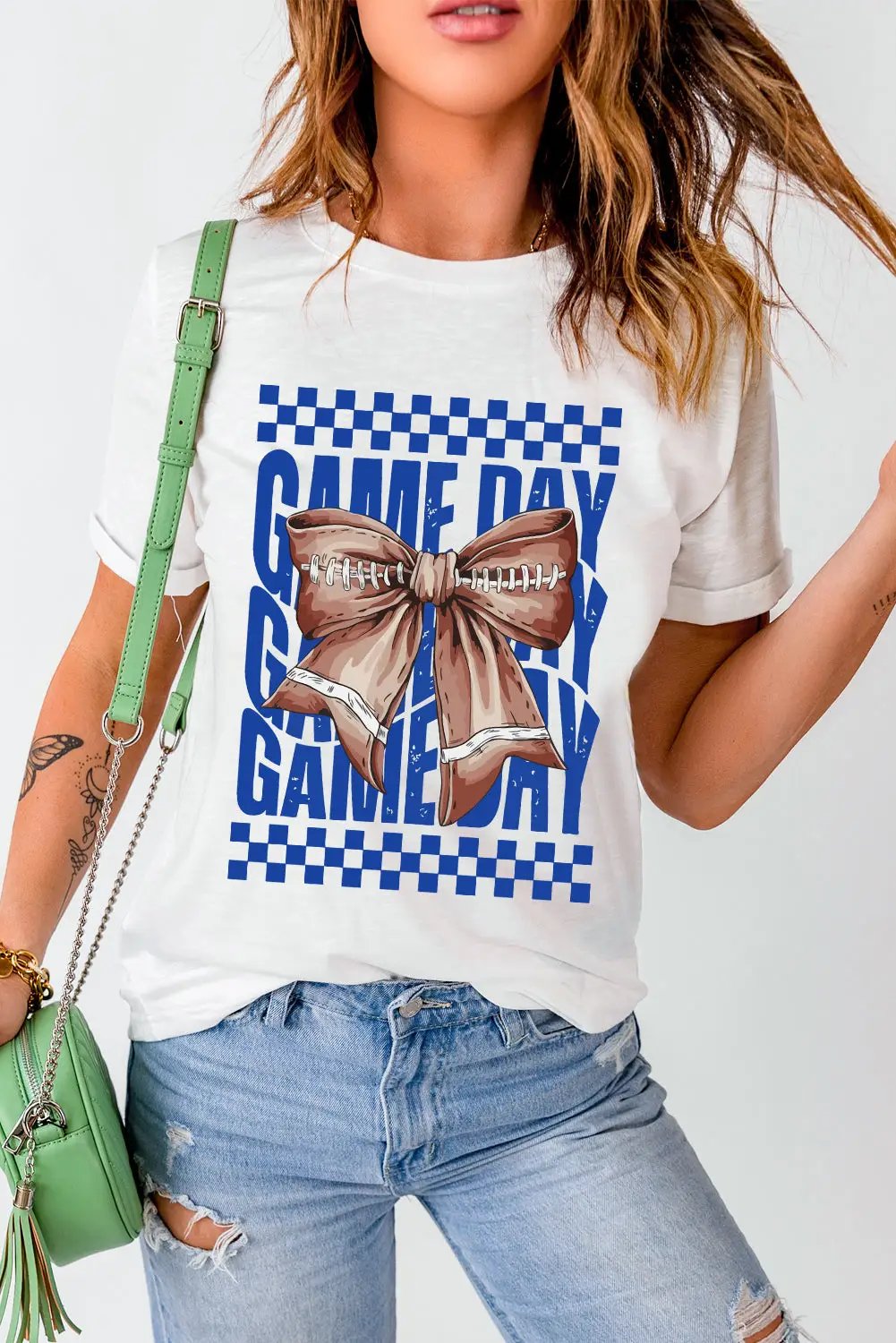 Grateful Threads Boutique White Football Bowknot Game Day Graphic Tee - T-Shirts White Rugby Bowknot Game Day Graphic Tee