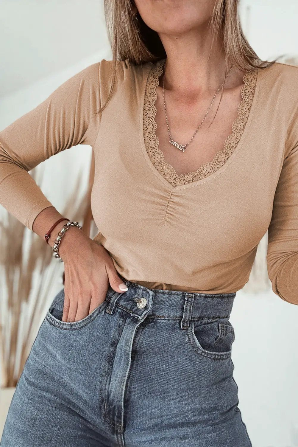 Grateful Threads Boutique Lace-trimmed Sweetheart neckline Ruched Detail Long Sleeve Shirt - Shirts Lace-trimmed Sweetheart neckline Ruched Detail Long Sleeve Shirt