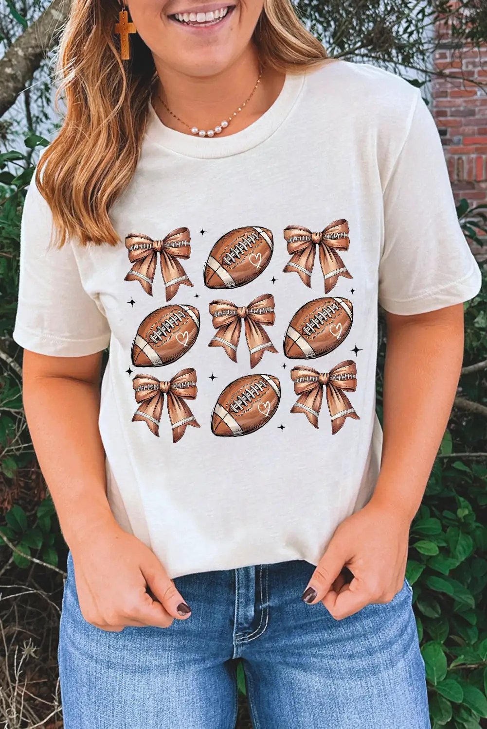Grateful Threads Boutique Football Fashion Bow Print Cotton Blend Tee - T-Shirts White Football Fashion Bow Print Cotton Blend Tee