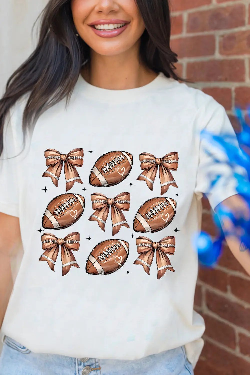 Grateful Threads Boutique Football Fashion Bow Print Cotton Blend Tee - T-Shirts White Football Fashion Bow Print Cotton Blend Tee
