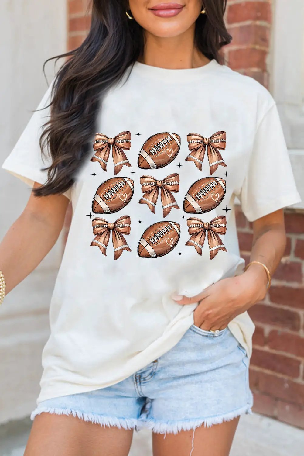 Grateful Threads Boutique Football Fashion Bow Print Cotton Blend Tee - T-Shirts White Football Fashion Bow Print Cotton Blend Tee