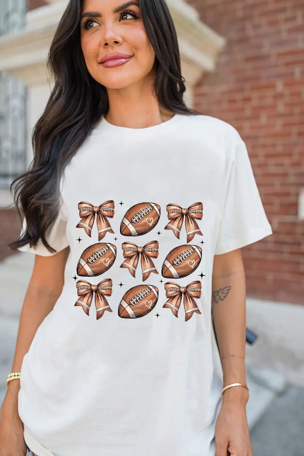 Grateful Threads Boutique Football Fashion Bow Print Cotton Blend Tee - T-Shirts White Football Fashion Bow Print Cotton Blend Tee