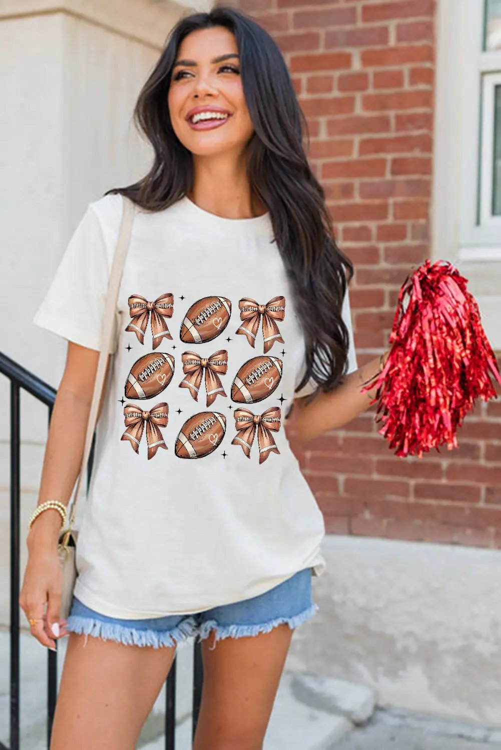Grateful Threads Boutique Football Fashion Bow Print Cotton Blend Tee - T-Shirts White Football Fashion Bow Print Cotton Blend Tee