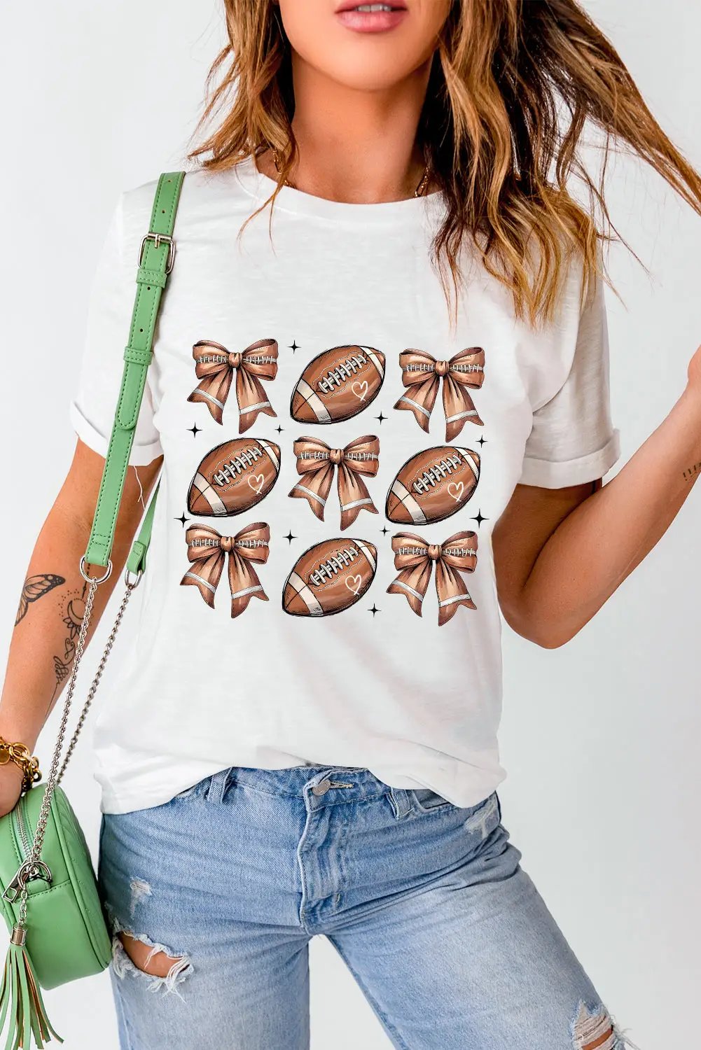 Grateful Threads Boutique Football Fashion Bow Print Cotton Blend Tee - T-Shirts White Football Fashion Bow Print Cotton Blend Tee