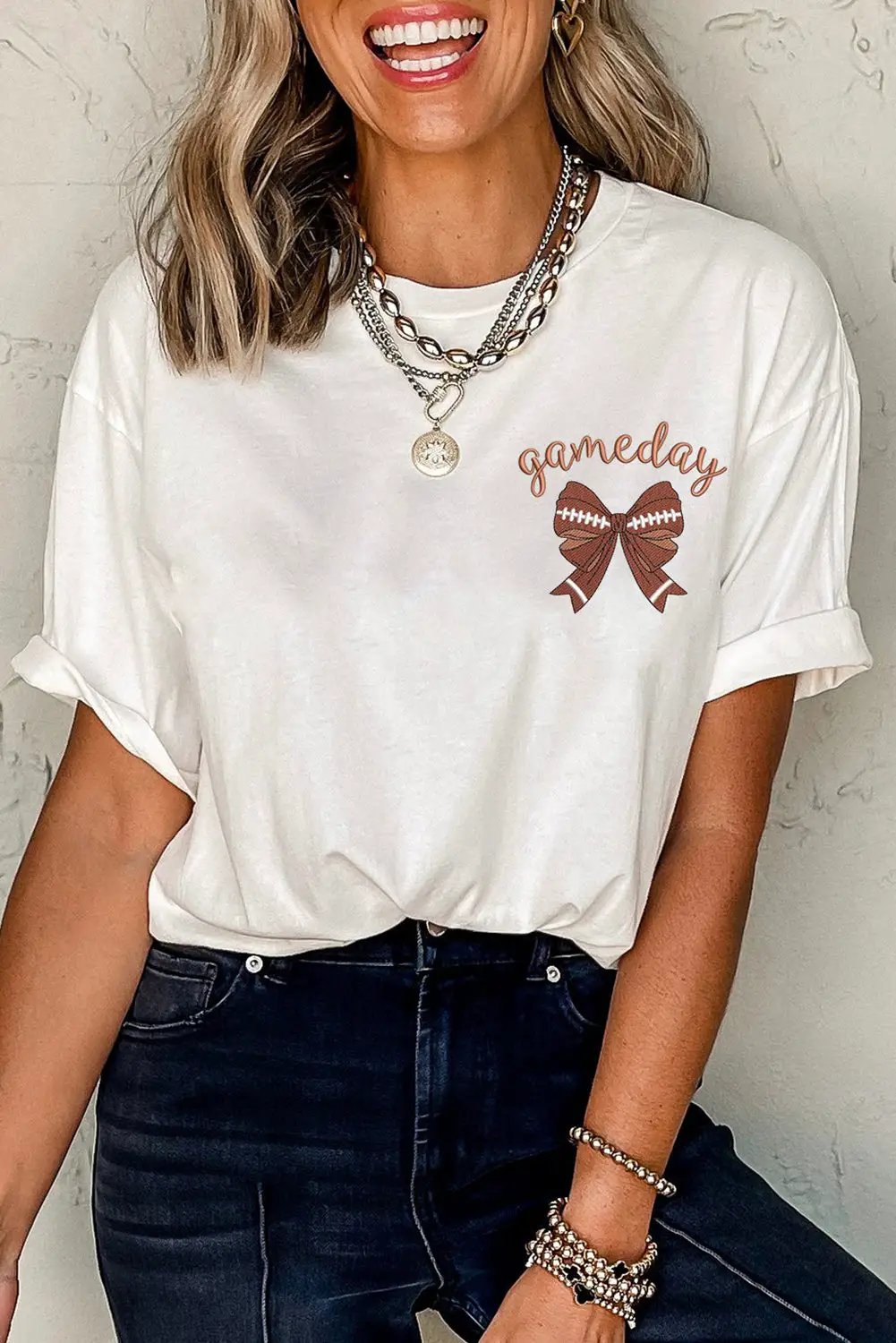 Grateful Threads Boutique White Game Day Bowknot Embroidered Graphic Casual Tee - T-Shirts White Game Day Bowknot Embroidered Graphic Casual Tee