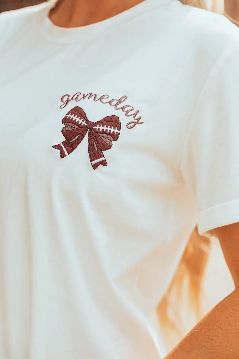 Grateful Threads Boutique White Game Day Bowknot Embroidered Graphic Casual Tee - T-Shirts White Game Day Bowknot Embroidered Graphic Casual Tee