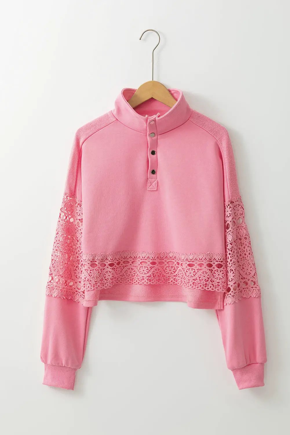 Grateful Threads Boutique Pink Hollowed Lace Splicing Cropped Sweatshirt - Sweatshirts Pink Hollowed Lace Splicing Cropped Sweatshirt