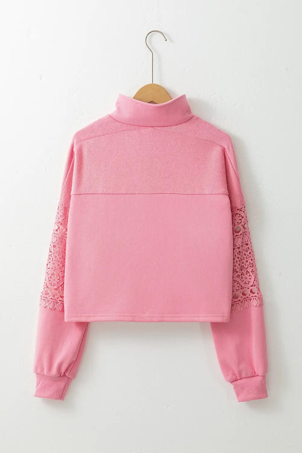 Grateful Threads Boutique Pink Hollowed Lace Splicing Cropped Sweatshirt - Sweatshirts Pink Hollowed Lace Splicing Cropped Sweatshirt