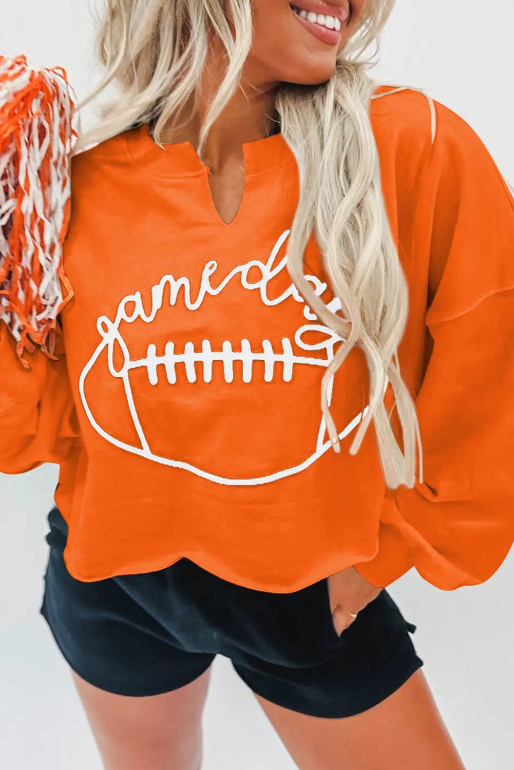 Grateful Threads Boutique Orange Game Day Lettering Rugby Football Notched Neck Sweatshirt - Sweatshirts Orange Game Day Lettering Rugby Football Notched Neck Sweatshirt