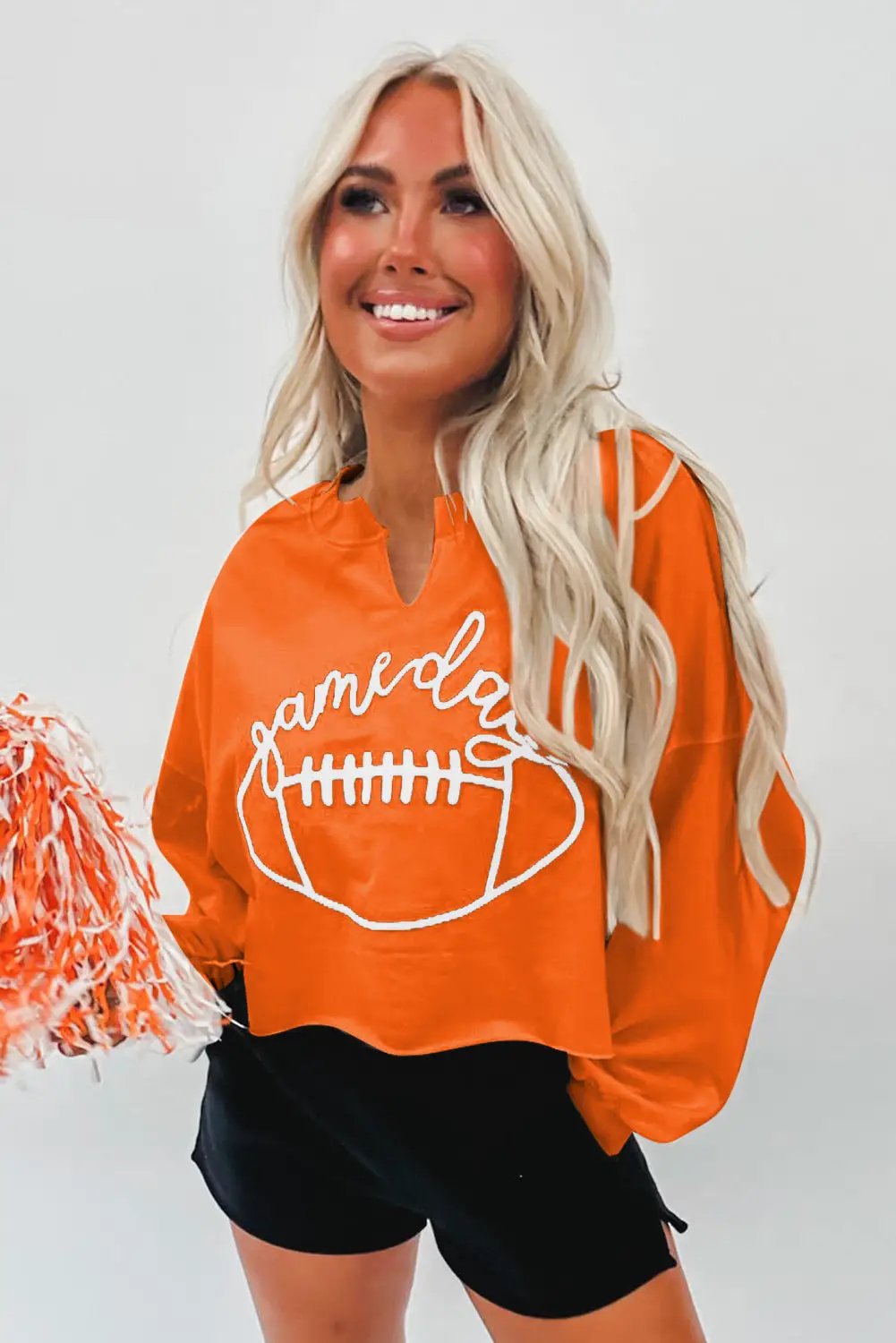 Grateful Threads Boutique Orange Game Day Lettering Rugby Football Notched Neck Sweatshirt - Sweatshirts Orange Game Day Lettering Rugby Football Notched Neck Sweatshirt