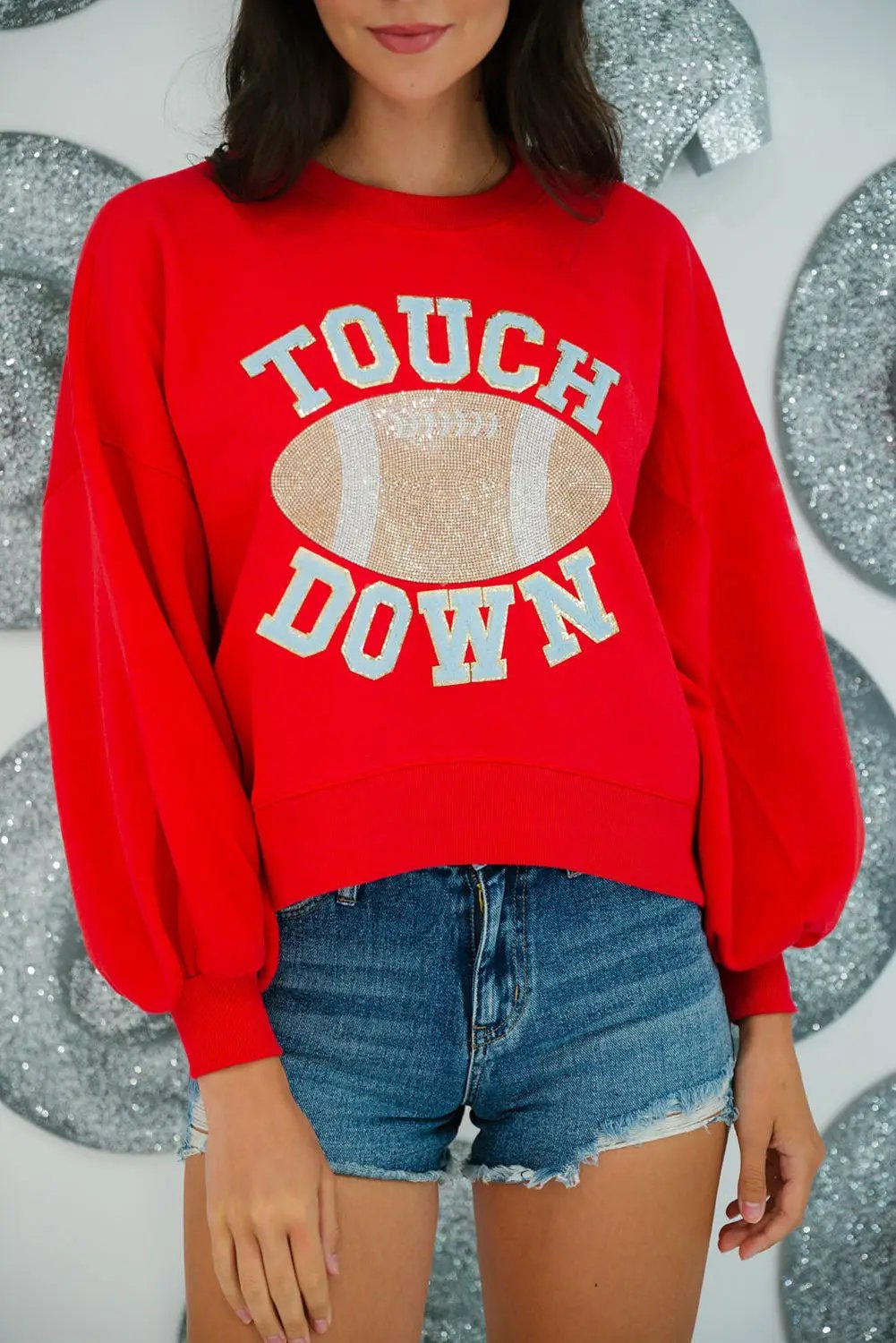 Grateful Threads Boutique Fiery Red TOUCH DOWN Football Graphic Pullover Sweatshirt - Sweatshirts Fiery Red TOUCH DOWN Football Graphic Pullover Sweatshirt