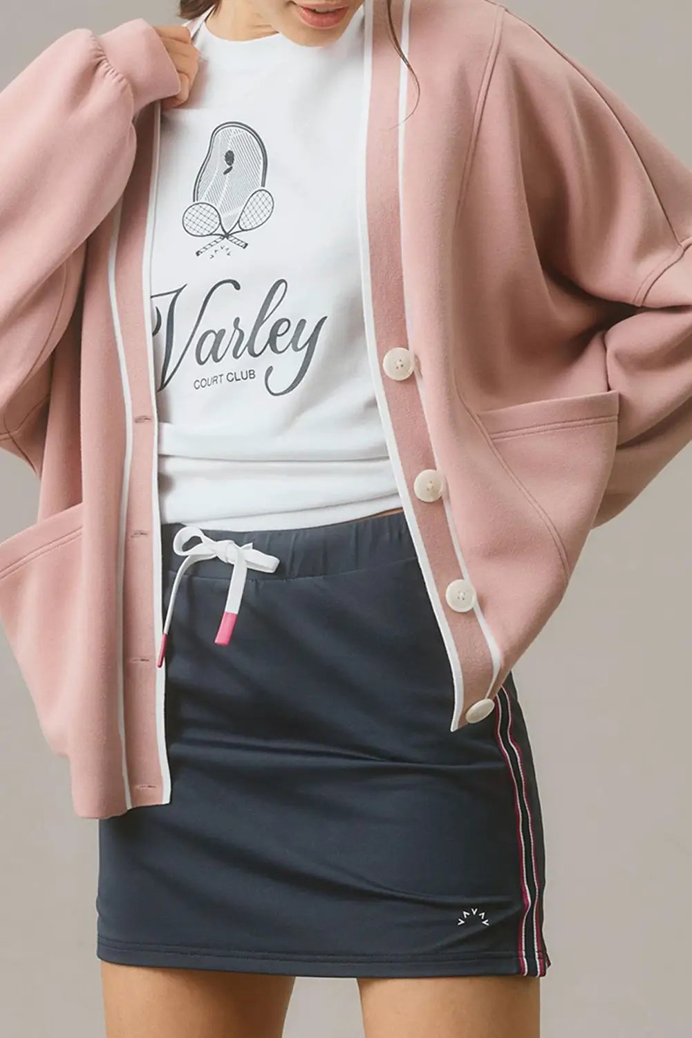 Grateful Threads Boutique Blush Court Contrast Trim Knit Preppy Cardigan - Cardigans Pink Stripe Contrast Trim V Neck Buttoned Front Pocketed Knit Cardigan