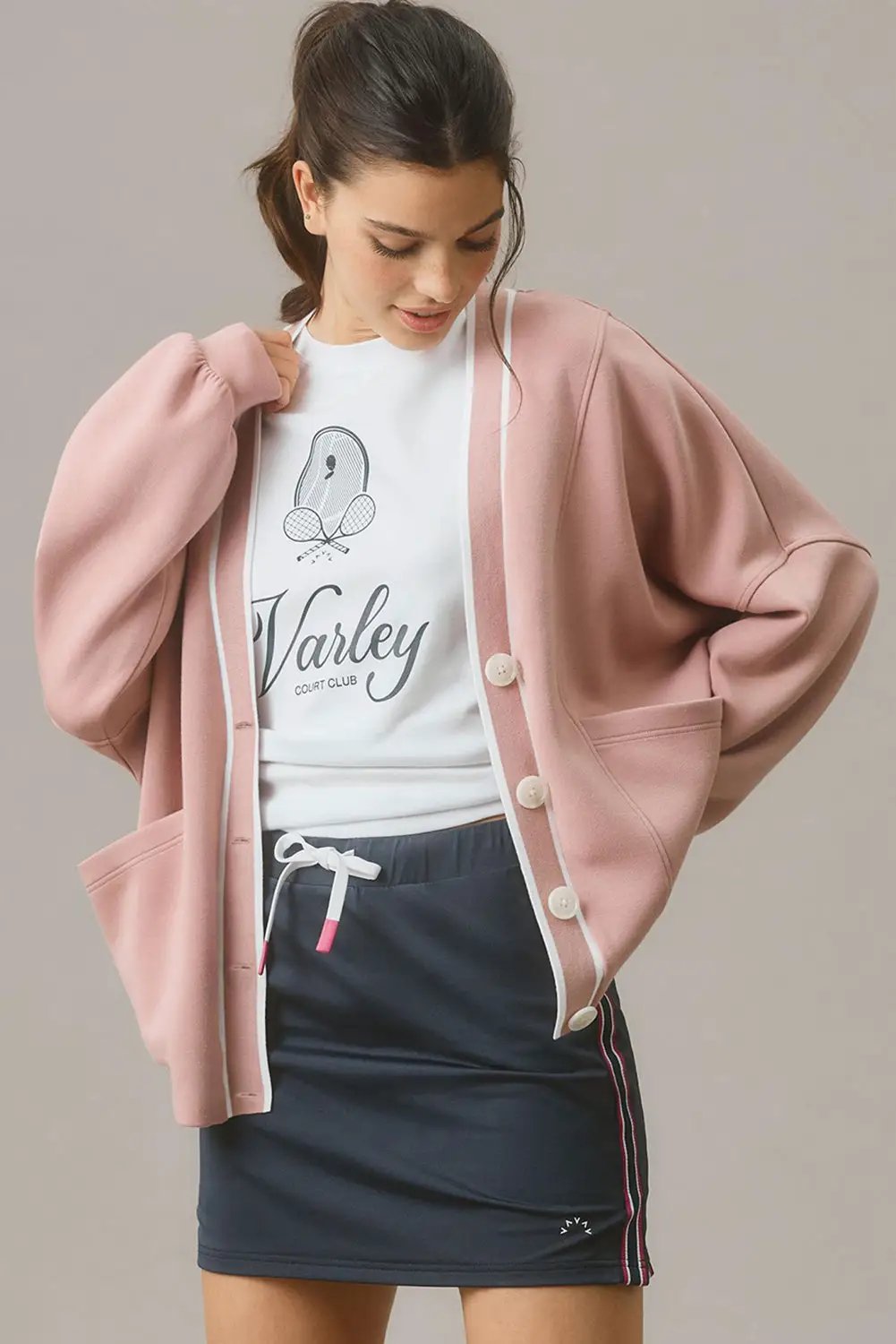 Grateful Threads Boutique Blush Court Contrast Trim Knit Preppy Cardigan - Cardigans Pink Stripe Contrast Trim V Neck Buttoned Front Pocketed Knit Cardigan