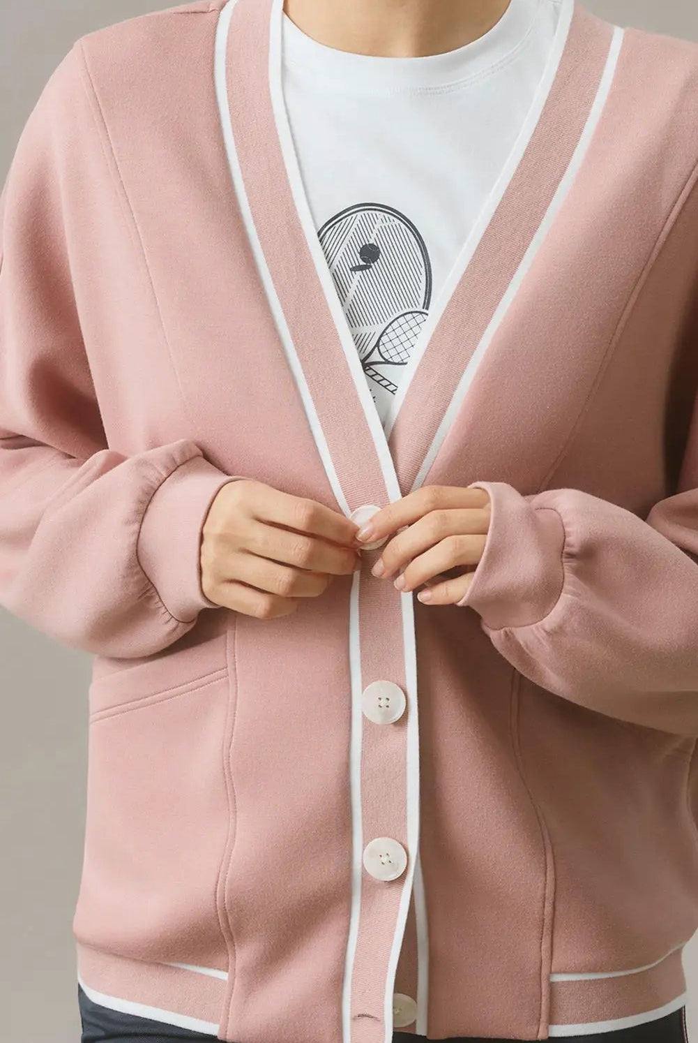 Grateful Threads Boutique Blush Court Contrast Trim Knit Preppy Cardigan - Cardigans Pink Stripe Contrast Trim V Neck Buttoned Front Pocketed Knit Cardigan