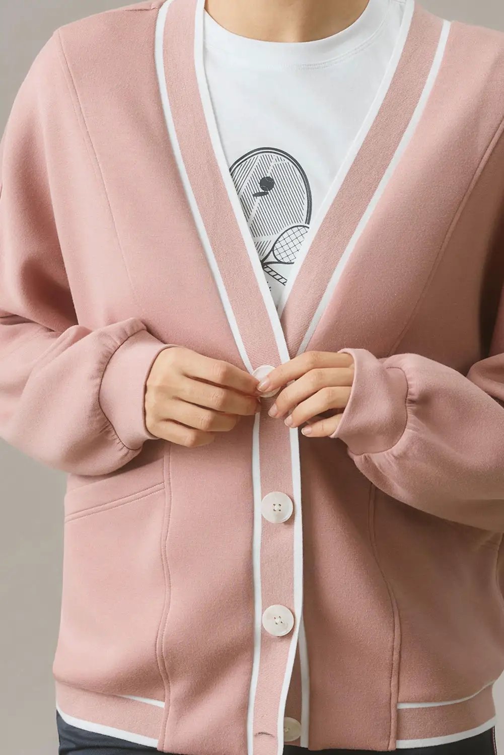 Grateful Threads Boutique Blush Court Contrast Trim Knit Preppy Cardigan - Cardigans Pink Stripe Contrast Trim V Neck Buttoned Front Pocketed Knit Cardigan