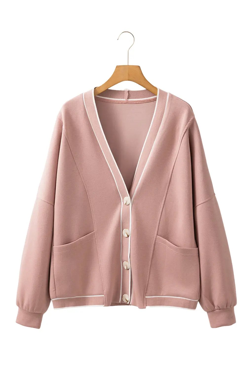 Grateful Threads Boutique Blush Court Contrast Trim Knit Preppy Cardigan - Cardigans Pink Stripe Contrast Trim V Neck Buttoned Front Pocketed Knit Cardigan
