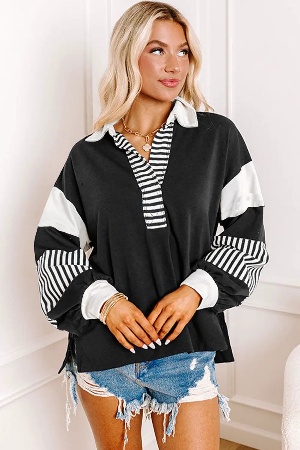 Grateful Threads Boutique Black Striped Colorblock Patchwork Collar Sweatshirt - Sweatshirts Colorblock Collar Sweatshirt