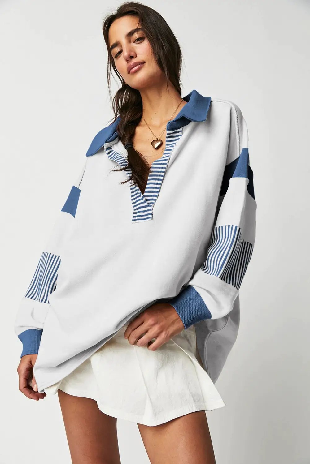 Grateful Threads Boutique Dark Blue Striped Colorblock Patchwork Collar Sweatshirt - Sweatshirts Dark Blue Striped Colorblock Patchwork Collar Sweatshirt