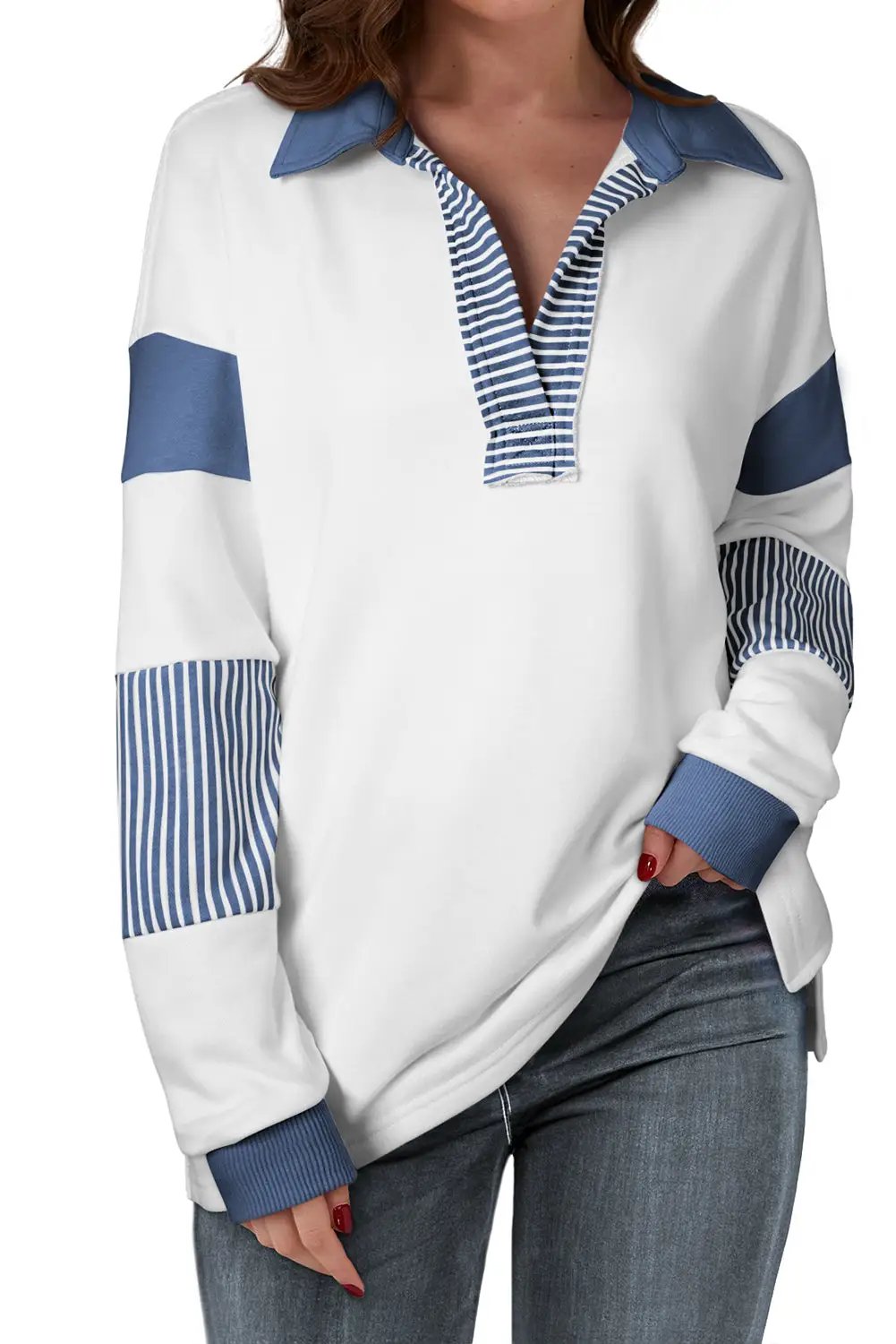 Grateful Threads Boutique Dark Blue Striped Colorblock Patchwork Collar Sweatshirt - Sweatshirts Dark Blue Striped Colorblock Patchwork Collar Sweatshirt