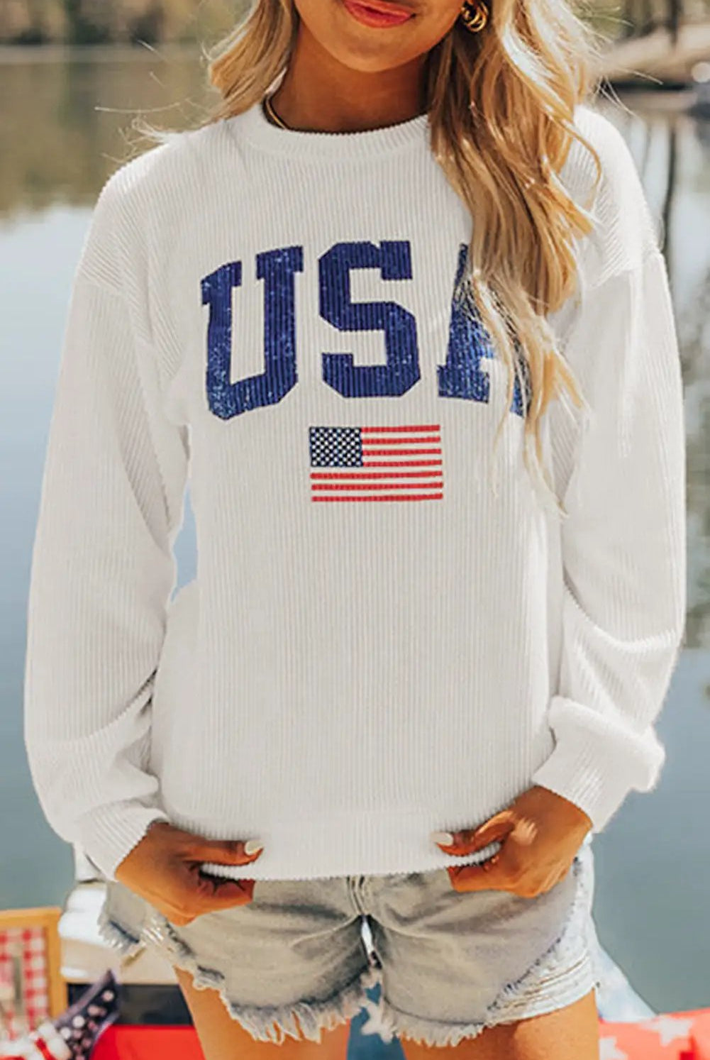 Grateful Threads Boutique White USA Flag Corded Graphic Top - Sweatshirts USA Sweatshirt