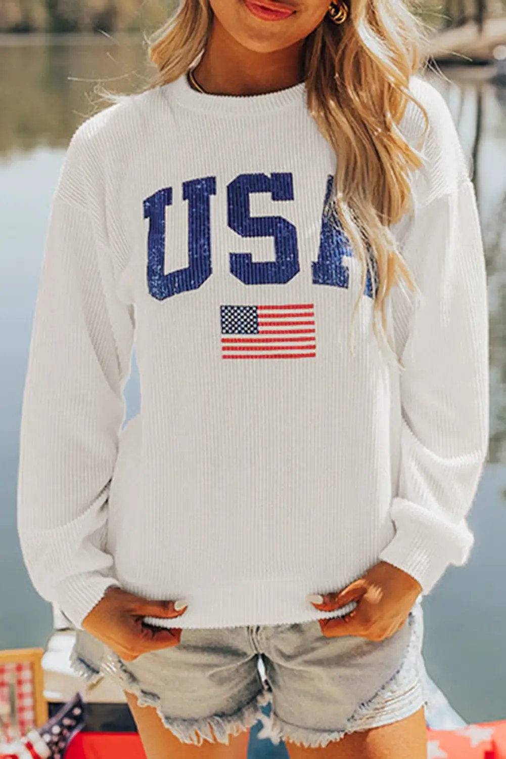 Grateful Threads Boutique White USA Flag Corded Graphic Top - Sweatshirts USA Sweatshirt