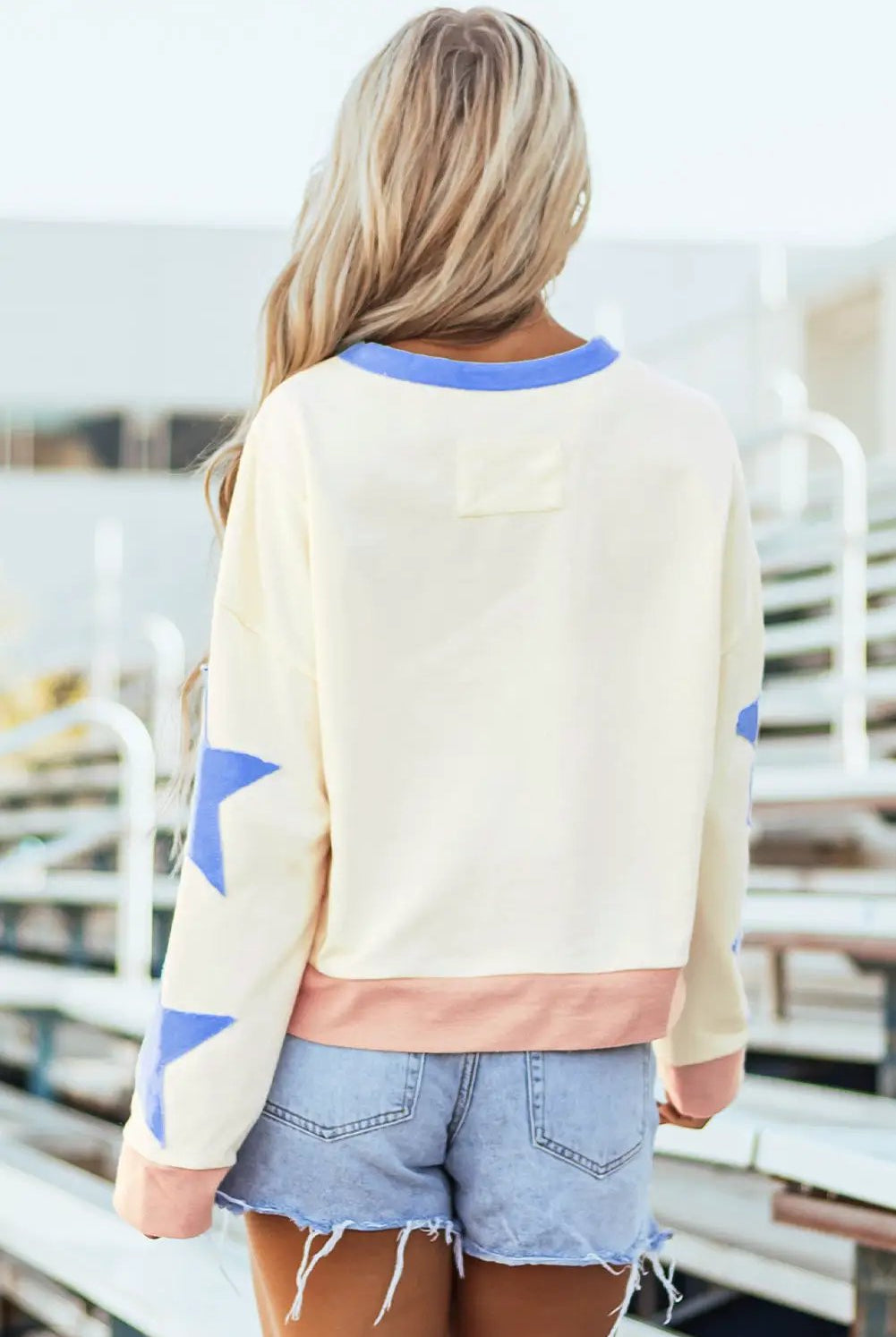 Grateful Threads Boutique Beige Star Patchwork Exposed Seam Oversized Sweatshirt - Sweatshirts Beige Star Patchwork Exposed Seam Oversized Sweatshirt