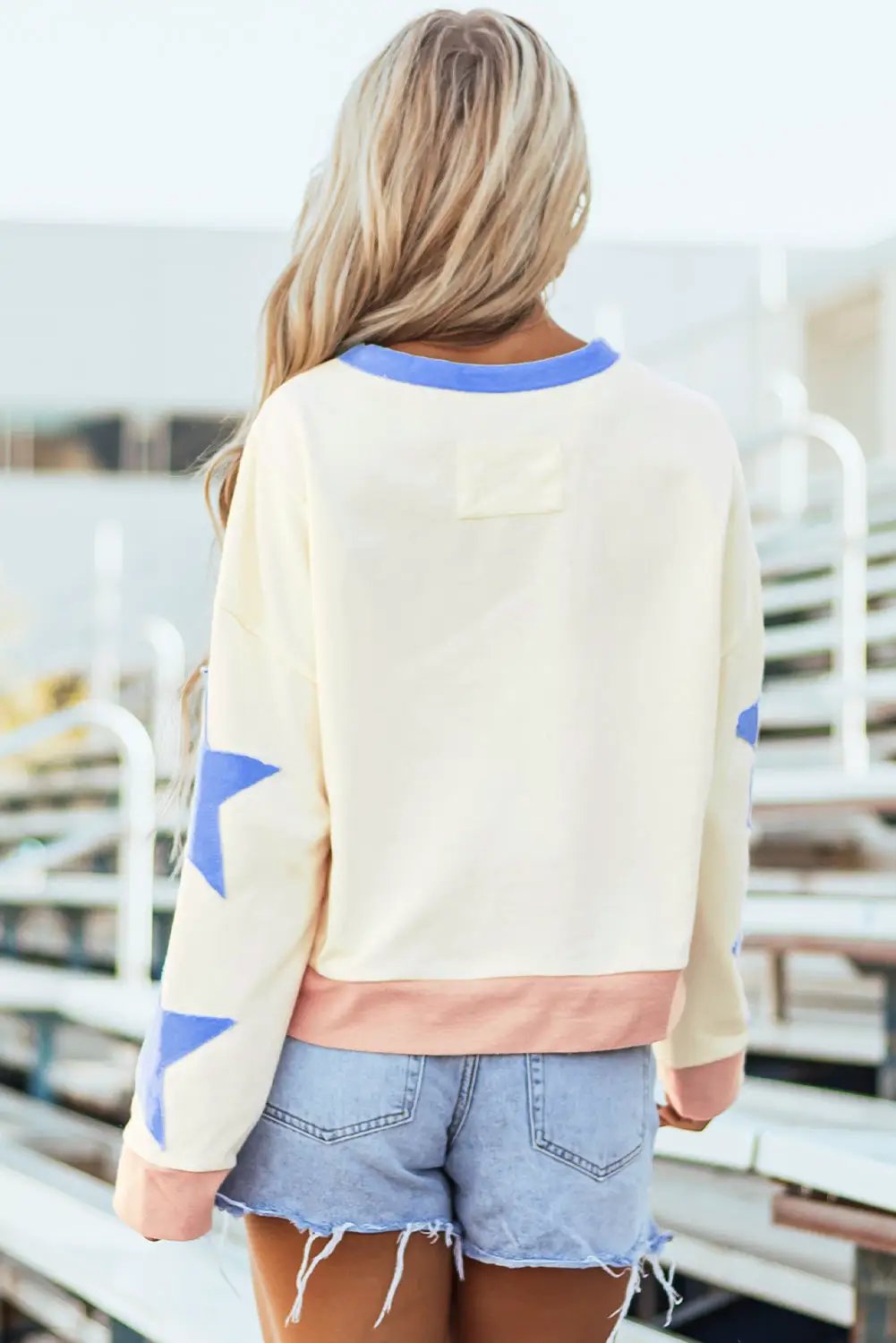 Grateful Threads Boutique Beige Star Patchwork Exposed Seam Oversized Sweatshirt - Sweatshirts Beige Star Patchwork Exposed Seam Oversized Sweatshirt
