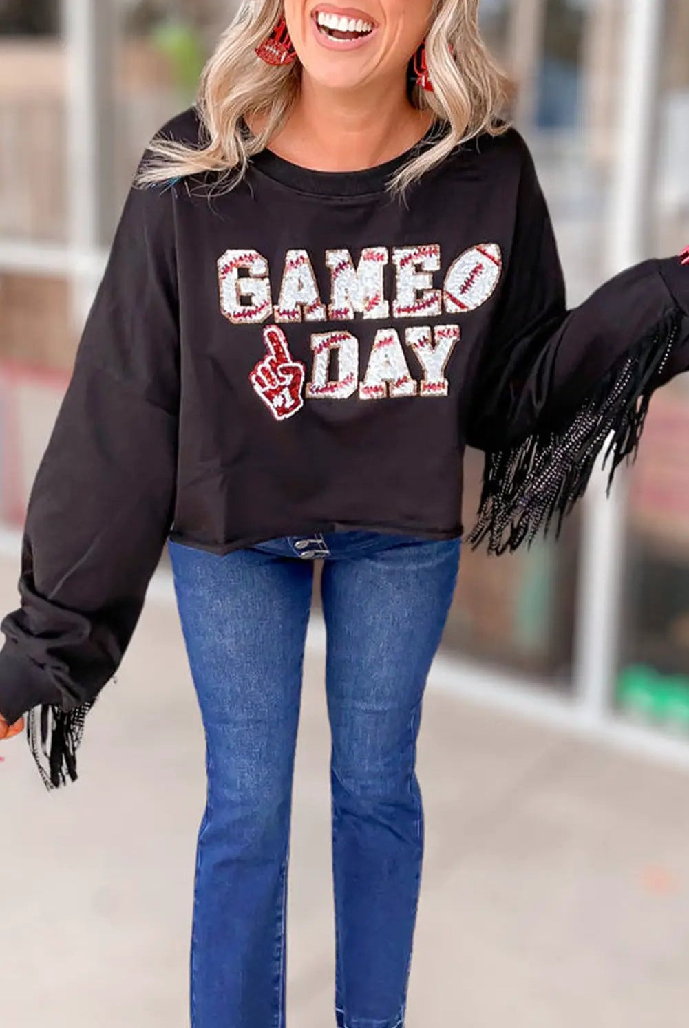 Grateful Threads Boutique Black GAME DAY Sequined Tassel Cropped Sweatshirt - Sweatshirts Black GAME DAY Rugby Sequined Tasseled Cropped Sweatshirt