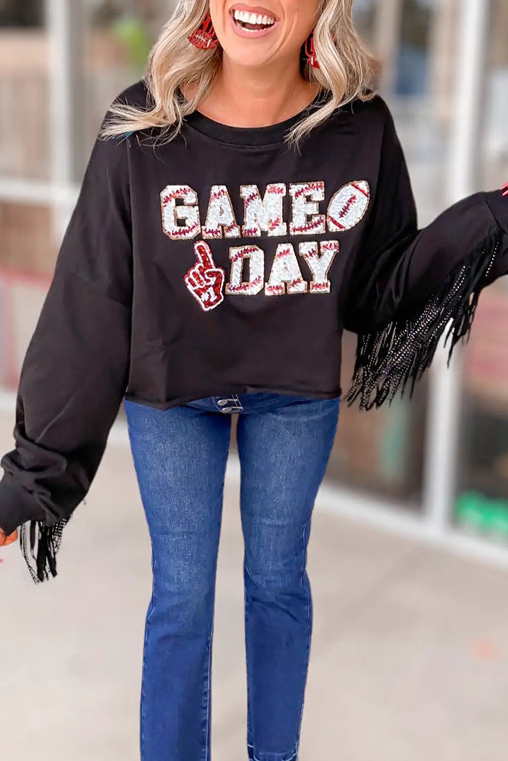 Grateful Threads Boutique Black GAME DAY Sequined Tassel Cropped Sweatshirt - Sweatshirts Black GAME DAY Rugby Sequined Tasseled Cropped Sweatshirt